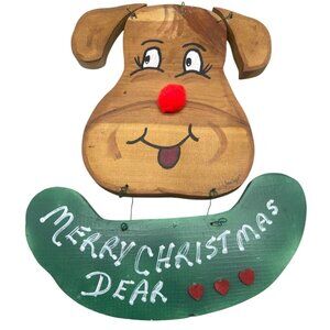 Handmade Merry Christmas dear wall artwork dog wood hearts brown green red READ